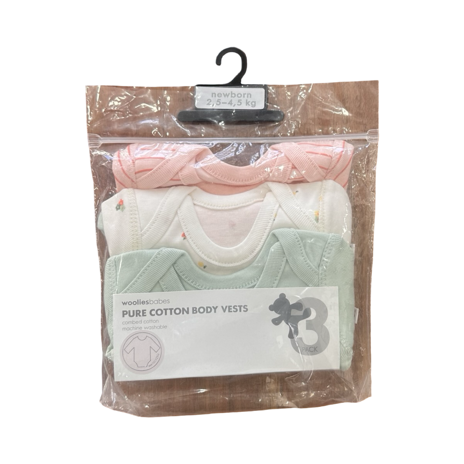 *NEW* Newborn 3pc Pure Cotton Long Sleeve Body Vests Pink, Green & White - Woolworths