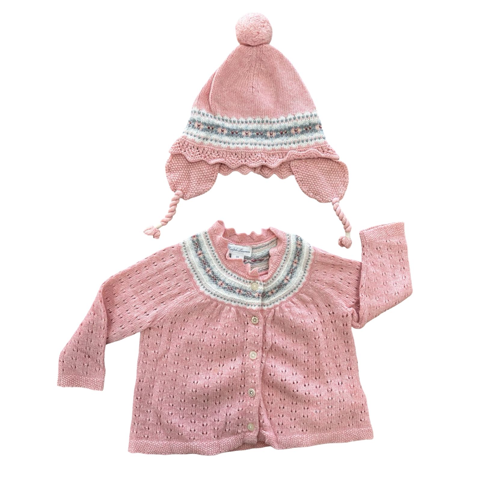 9M Pink Classic Knit Style Cardigan with Matching Hat - Ralph Lauren