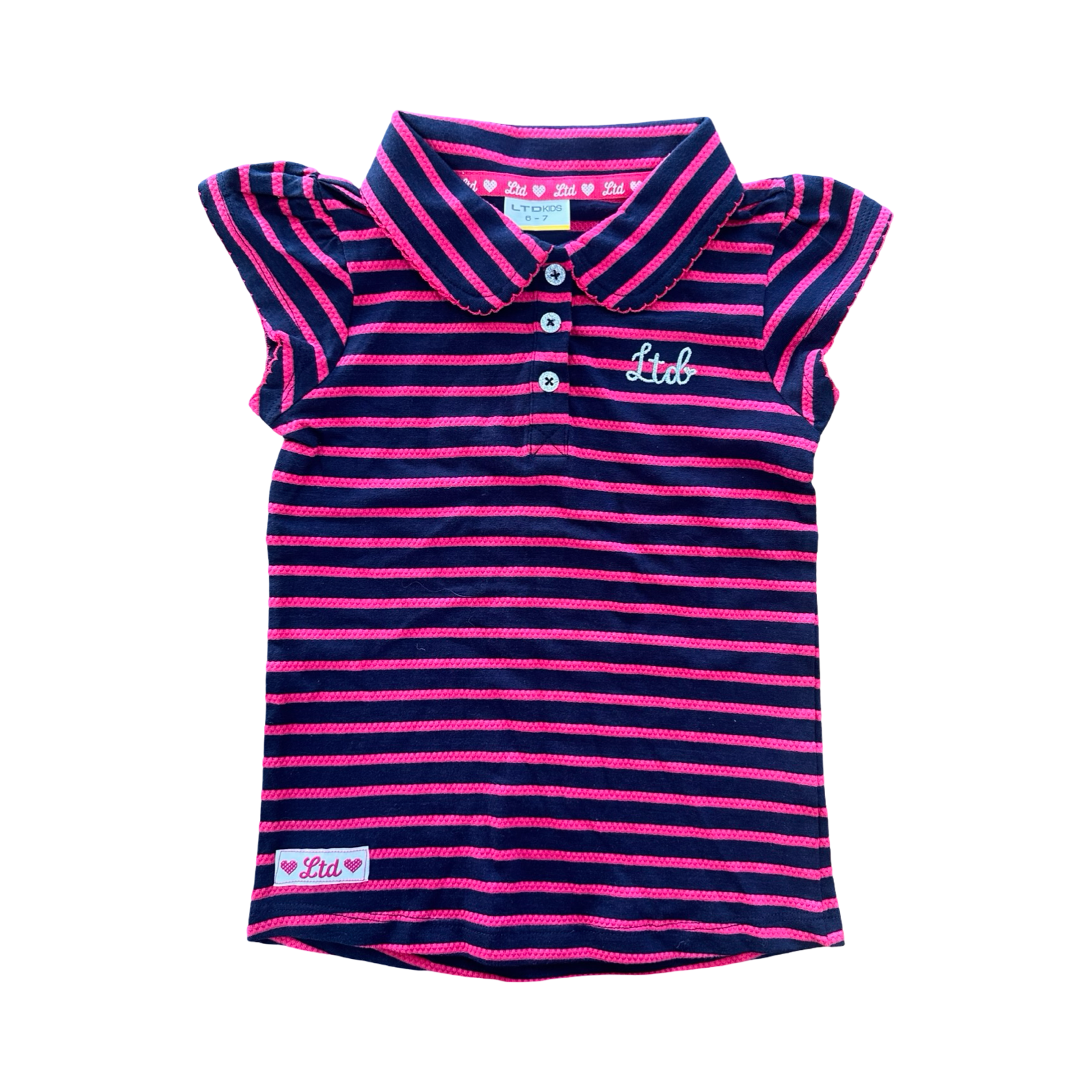 *NEW* 6-7Y Pink & Black Stripe Top with Collar and Front Pocket - LTD