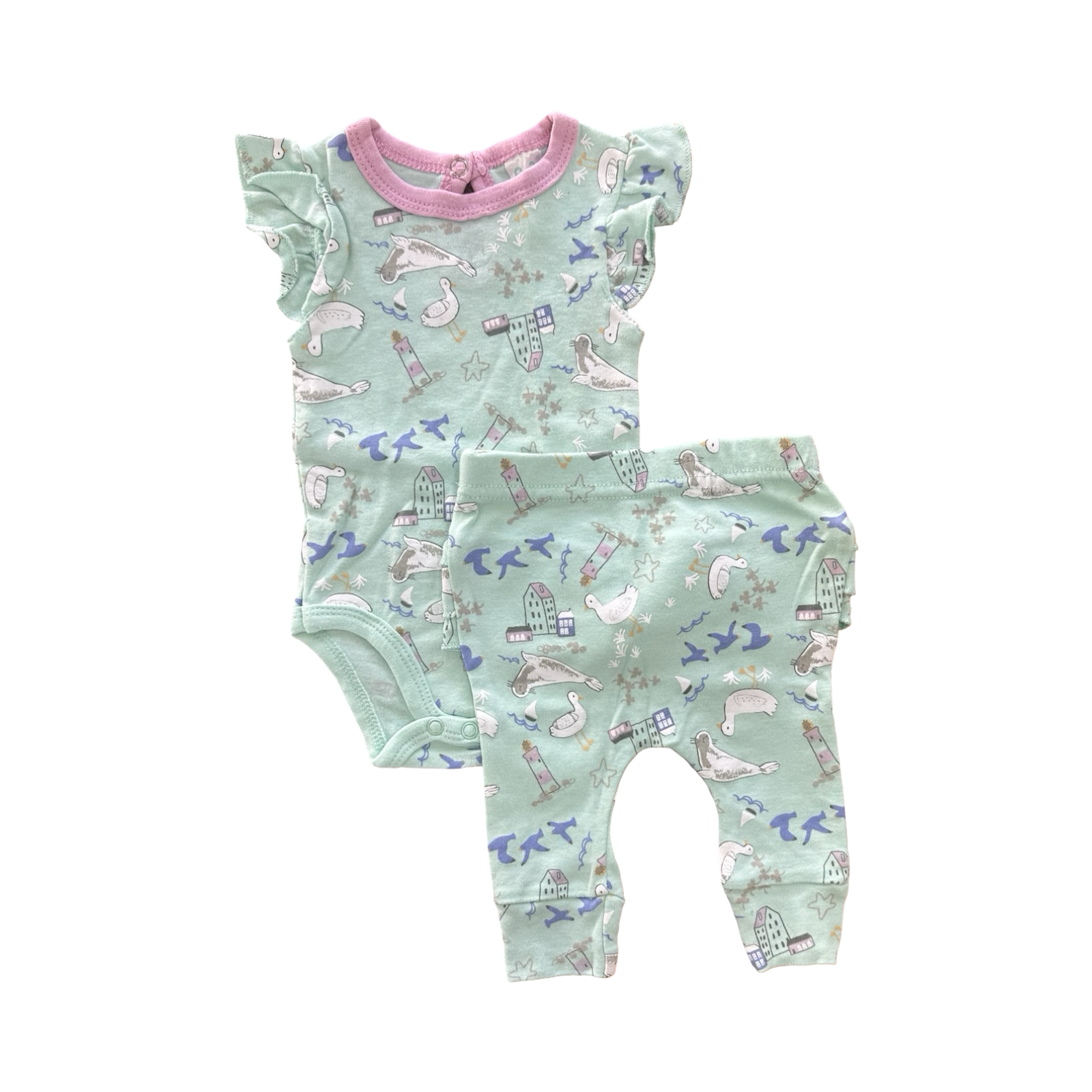 0-3M 2pc Green & Yellow Sea Theme Bodysuit with Leggings - Cuddlesome