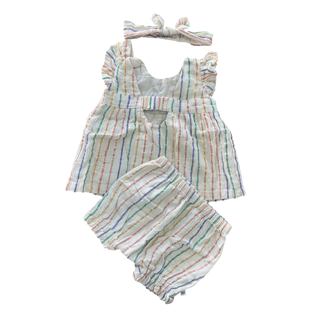 1-3M 3pc Cream & Metallic Stripe Girl Outfit Set - Woolworths