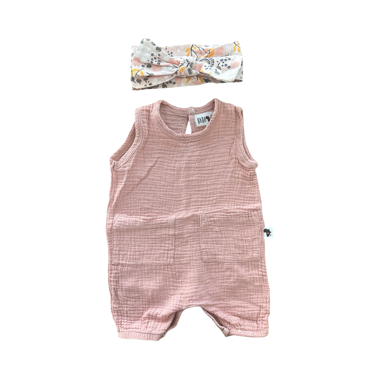 0-3M Pink Muslin Bodysuit with Patterned Headband - BABA FISHEES