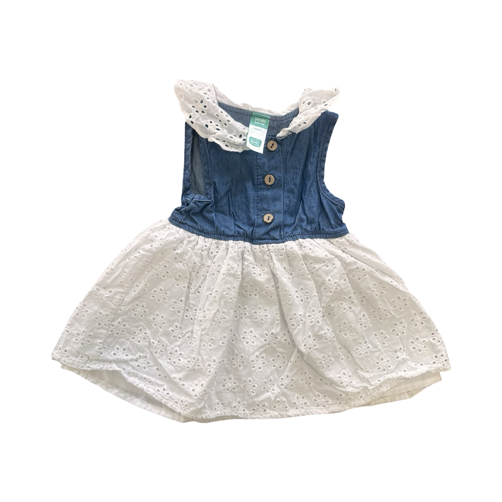 3-6M Chambray and White Cotton Lace Dress - Ackermans