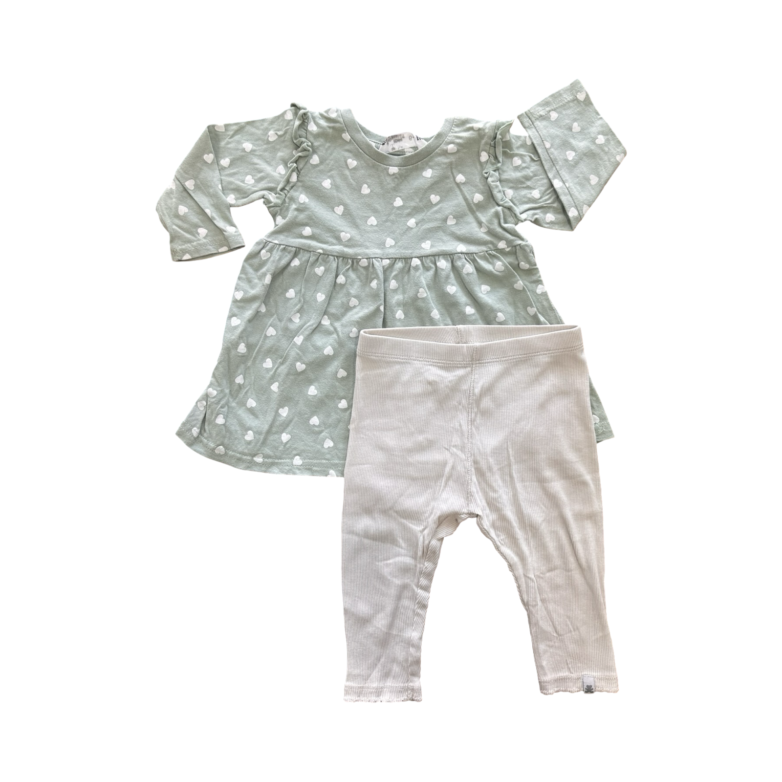 6-12M 2pc Green Heart Top & Beige Ribbed Leggings - Woolworths / Mr Price