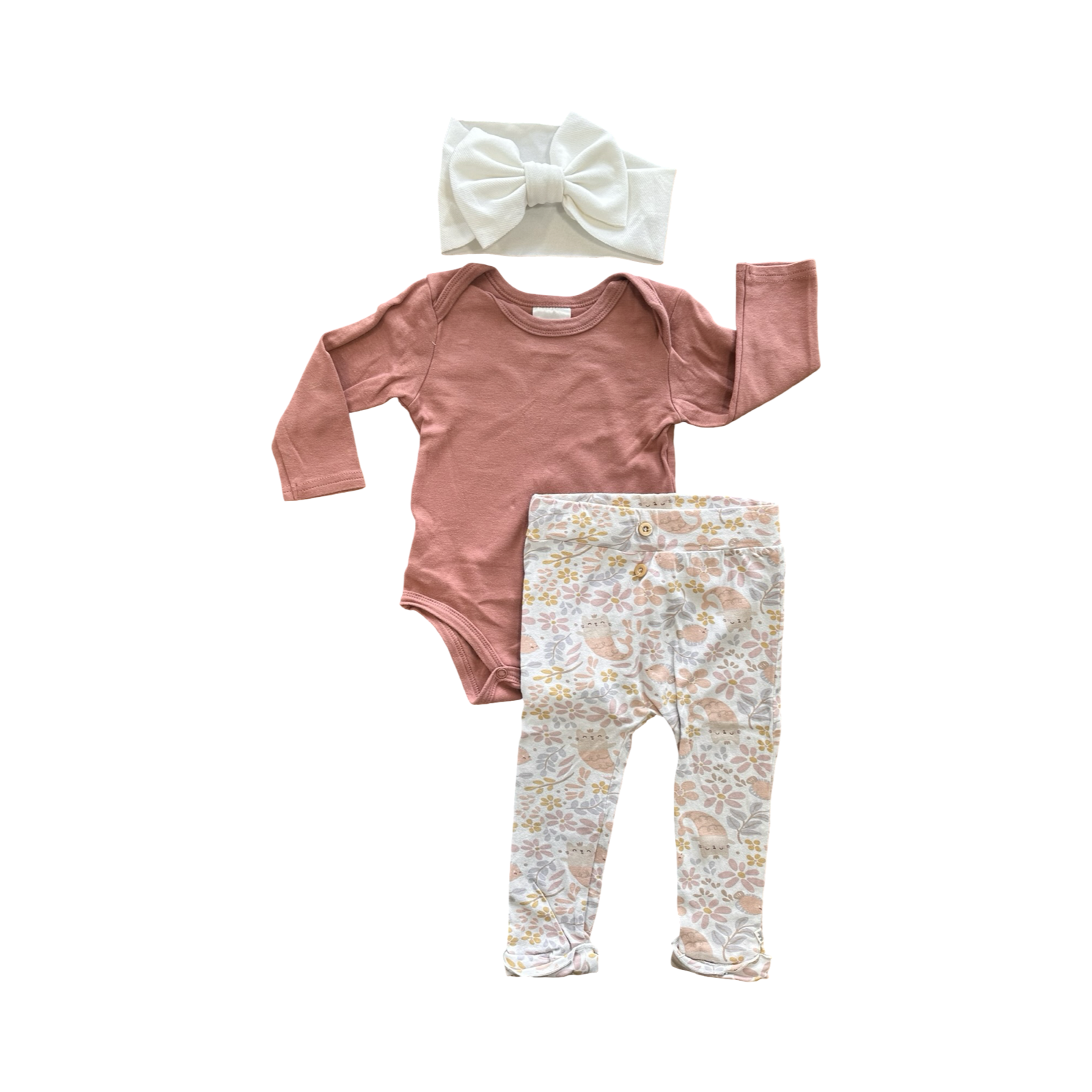 6-12M 2pc Blush & Cat/Floral 2pc Girl's Outfit with Big Bow Headband - Woolworths