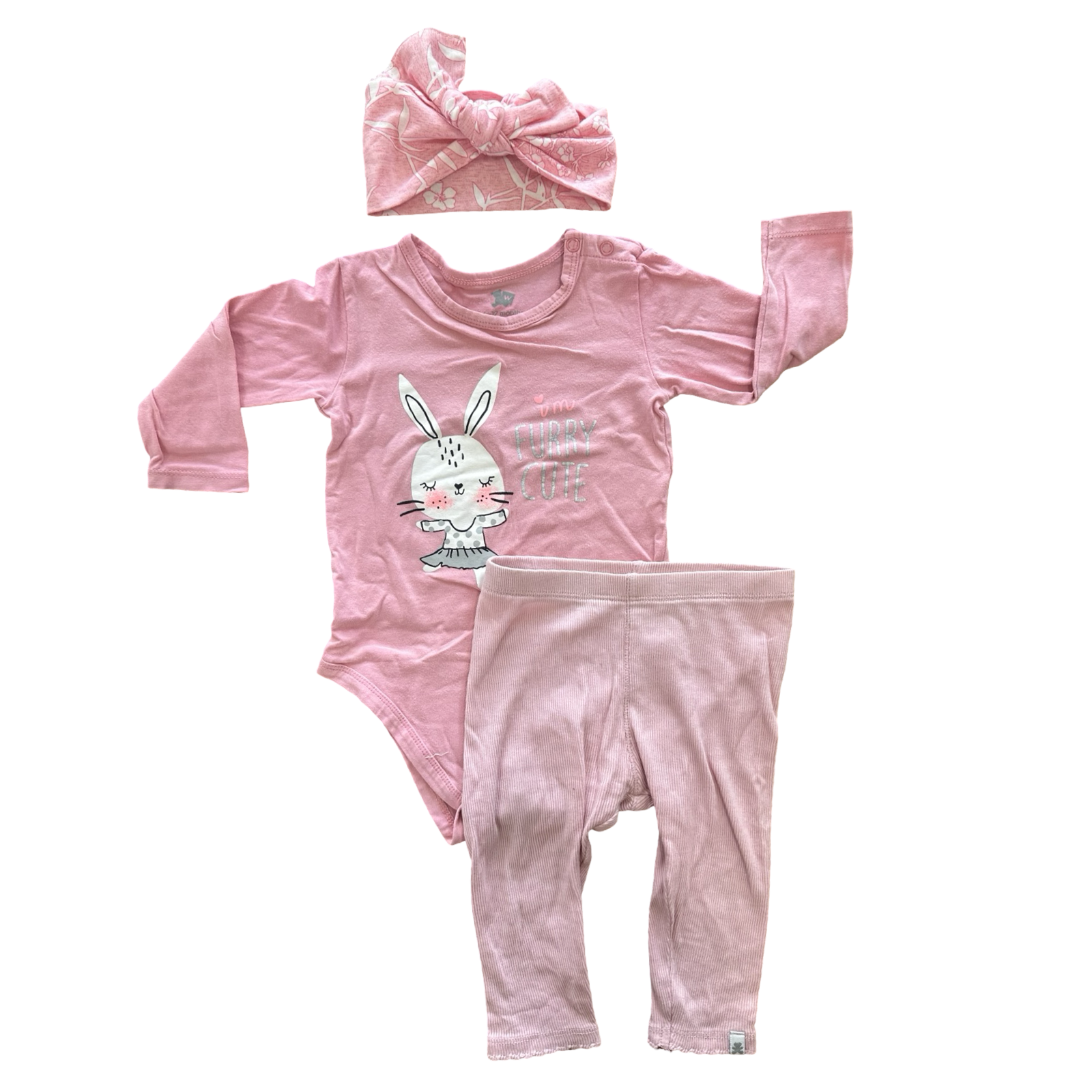 6-12M 3pc Pink "Furry Cute" Girl's Outfit and Headband