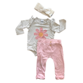 6-12M 2pc Beige Flower Long Sleeve Bodysuit with Pink Leggings with Knitted Headband - Woolworths