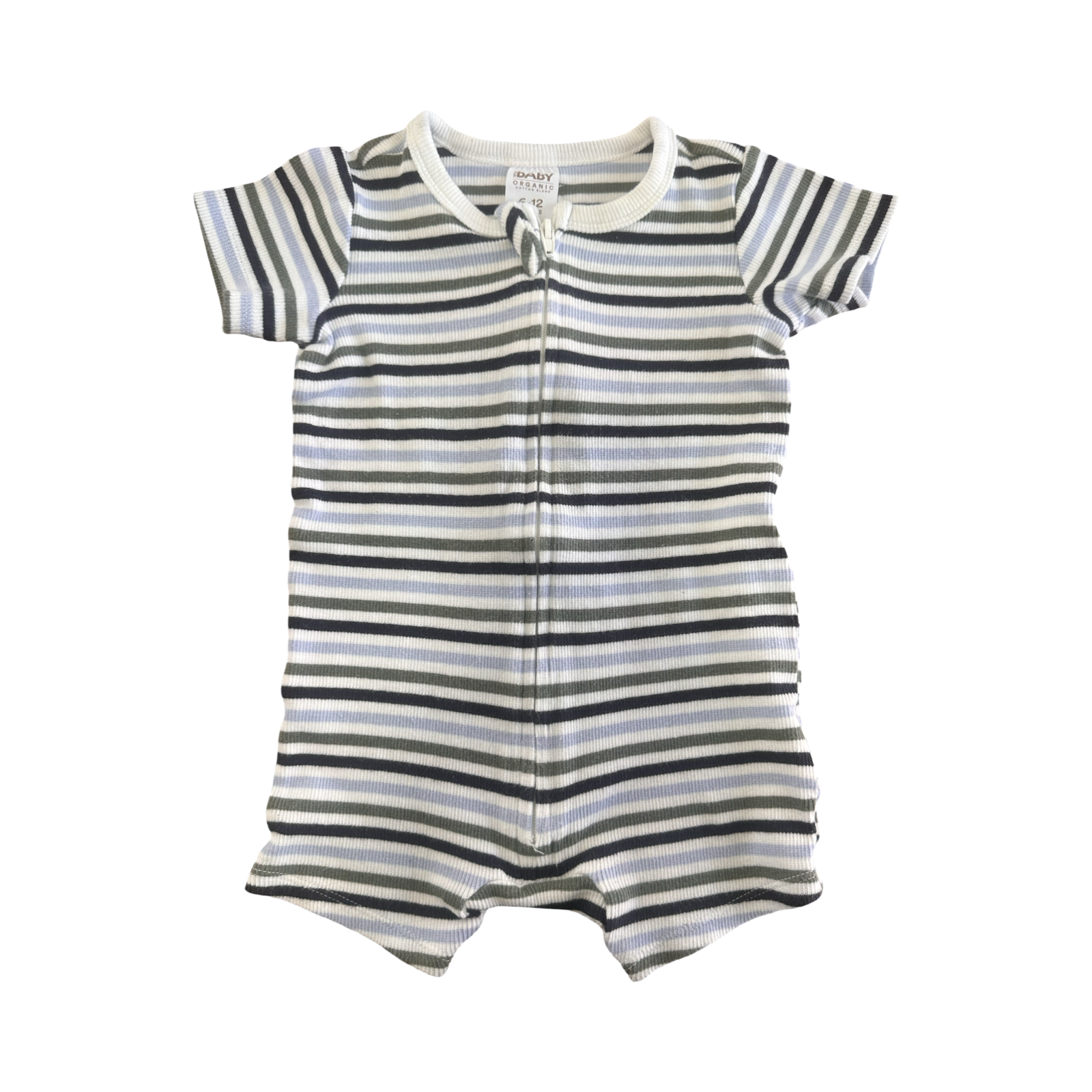6-12M Blue, Green & White Stripe Zipper Romper - Cotton On