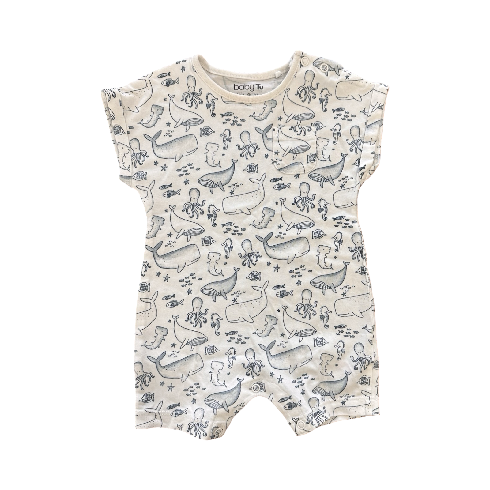 3-6M White & Blue Deep Sea Theme Romper - Tu