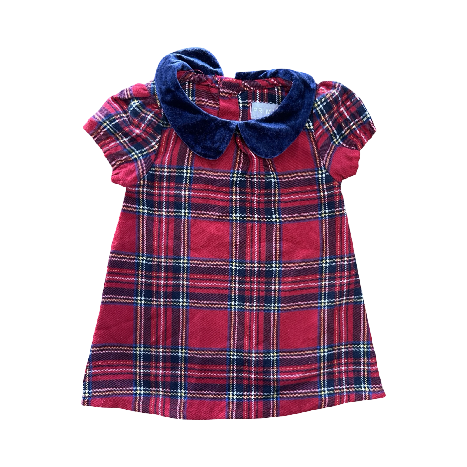 0-3M Red Tartan Pattern Dress with Blue Velour Collar Dress - Primark