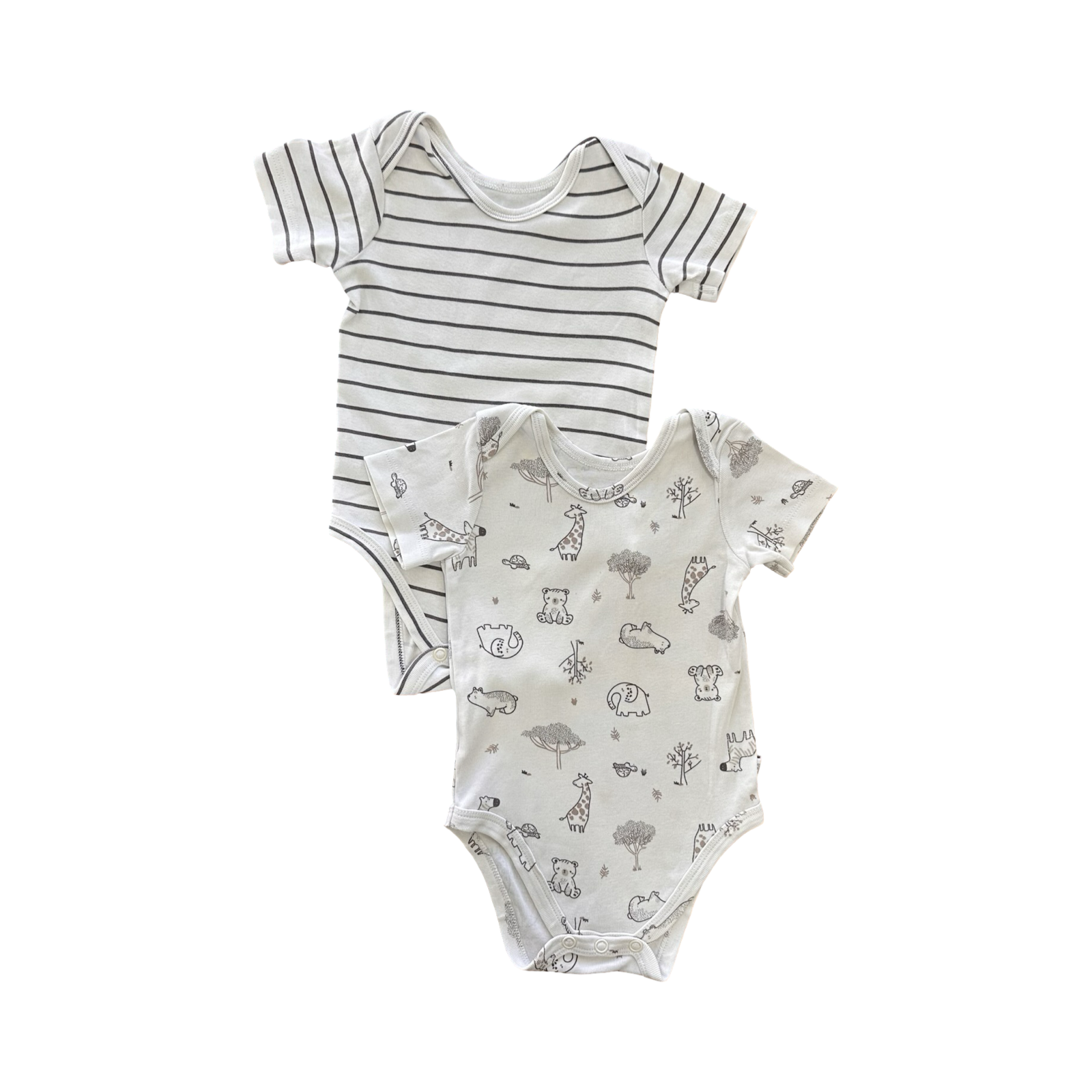 3-6M 2pc Grey & White Animal and Stripe Bodysuits - Woolworths