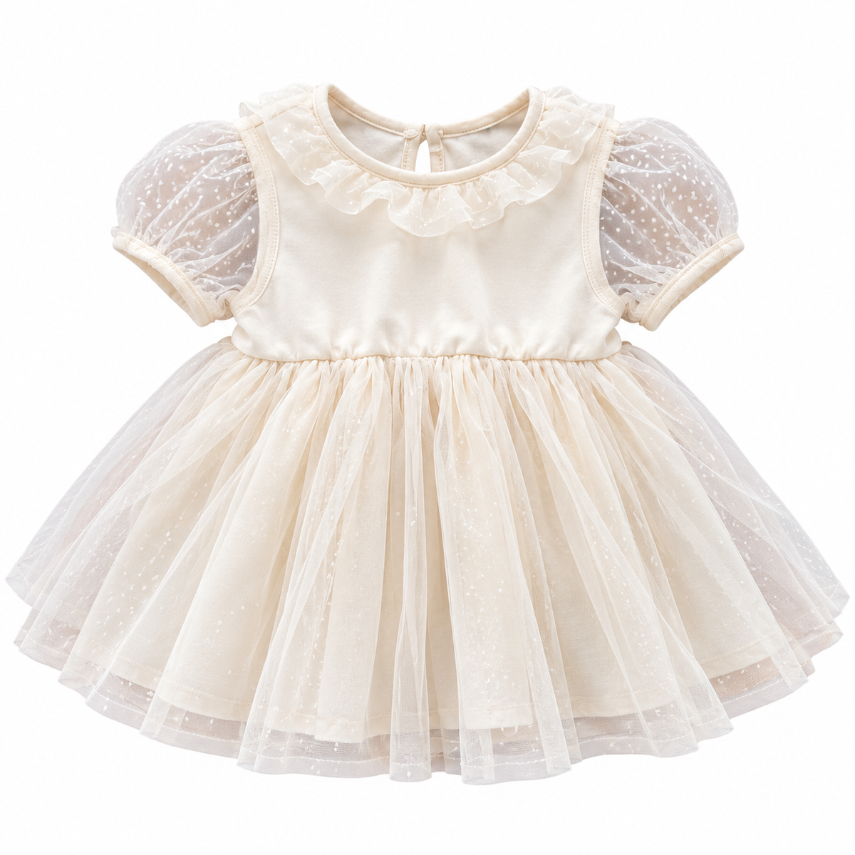 3-6M Beige girl's tulle dress with frill neck - Ackermans