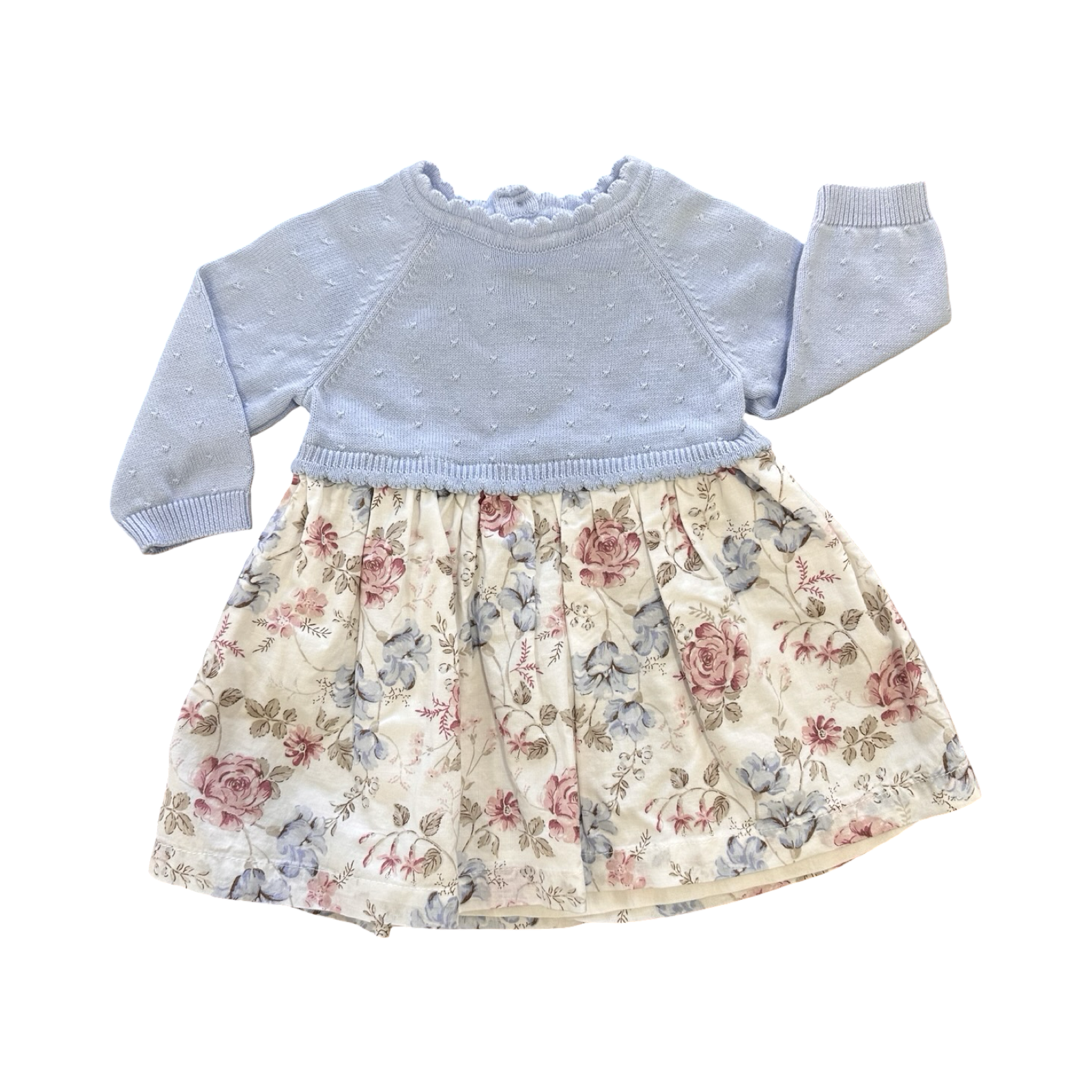 0-3M Blue Knit & Floral Classic Dress with Buttons - Tu