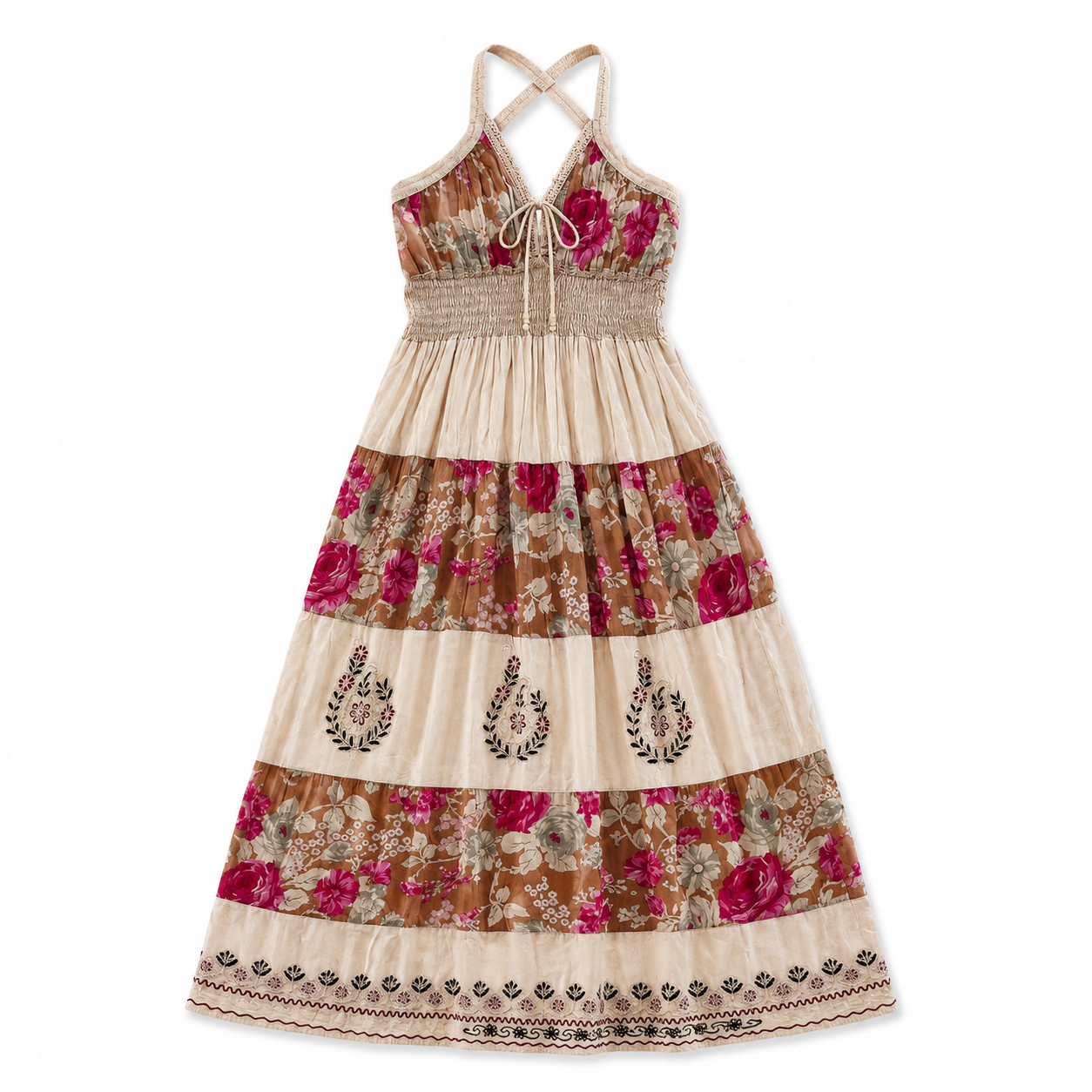 Medium / Large Unique Beige & Floral Viscose Summer Maternity Dress