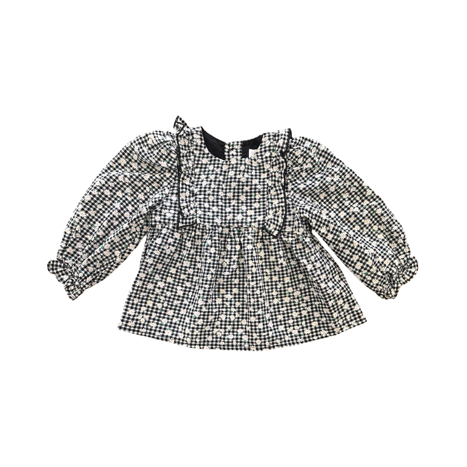 12-18M Black & White Check Blouse with Floral Detail - Zara