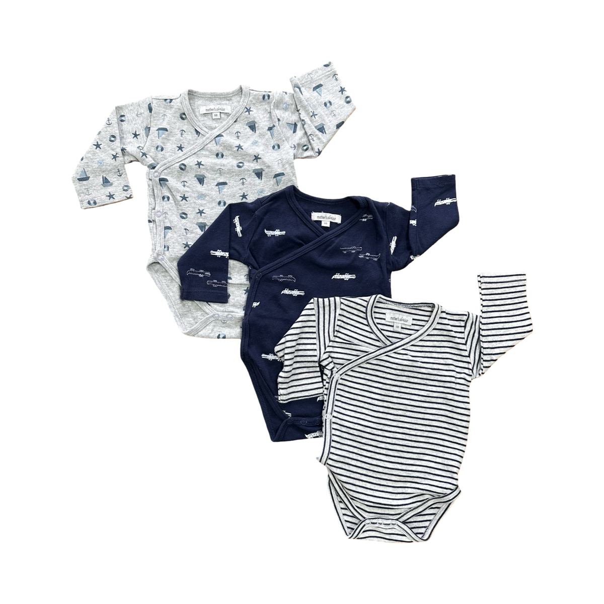 Newborn 3pc Grey, White & Blue Side Snapper Bodysuits - Mother's choice
