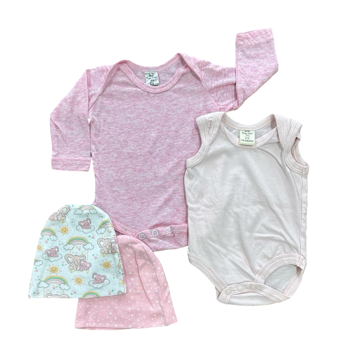 Newborn 4pc Pink Girl's Set: 2 Bodysuits and 2 Beanies - Tiny Tots