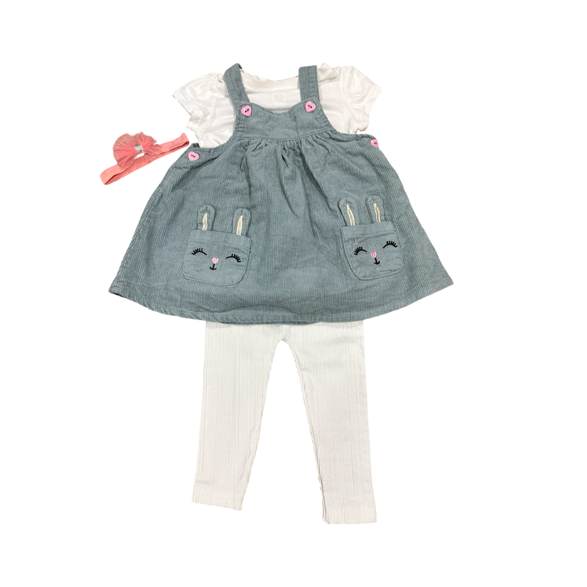 6-12M 4pc Bunny Set: Shirt, Corduroy Dress, Headband & Leggings - Ackermans