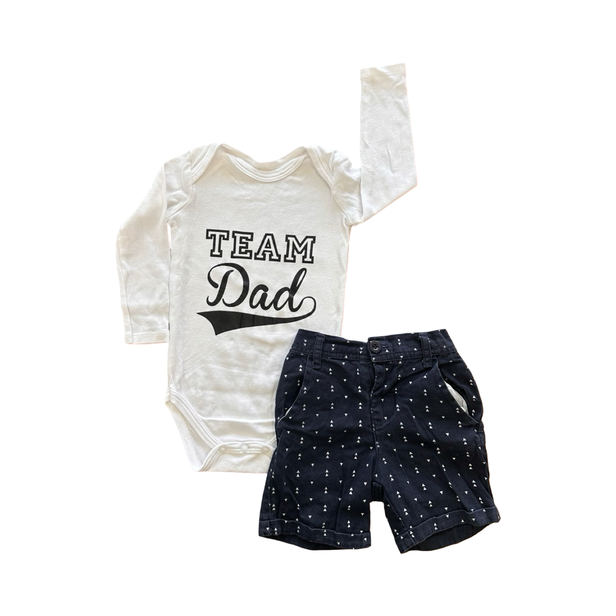 6-12M 2pc Boy Outfit: White Team Dad Bodysuit & Navy Shorts - Ackermans