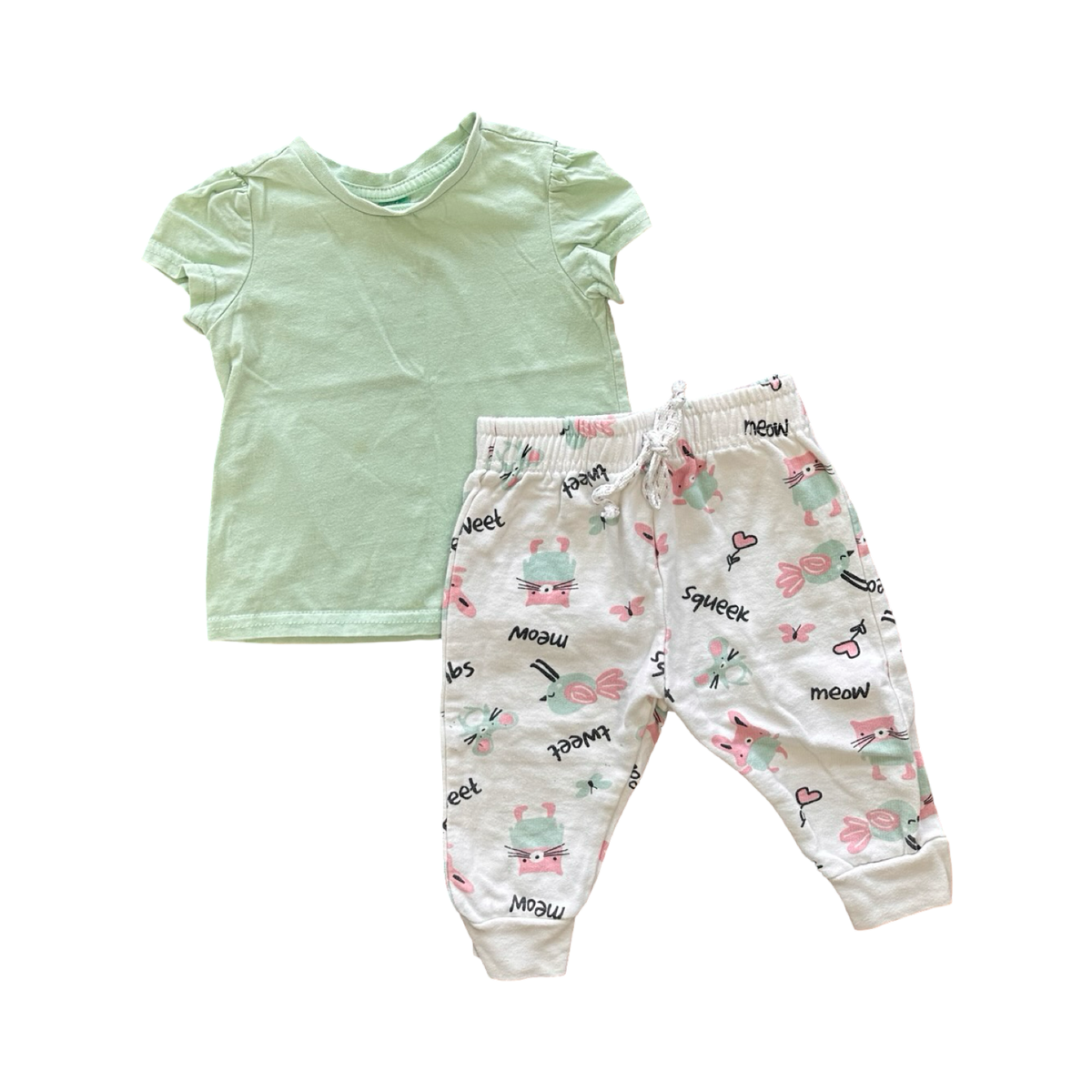 6-12M 2pc White & Pink Set for Girls: Jogger & Green Top - OneTwoThree/Ackermans