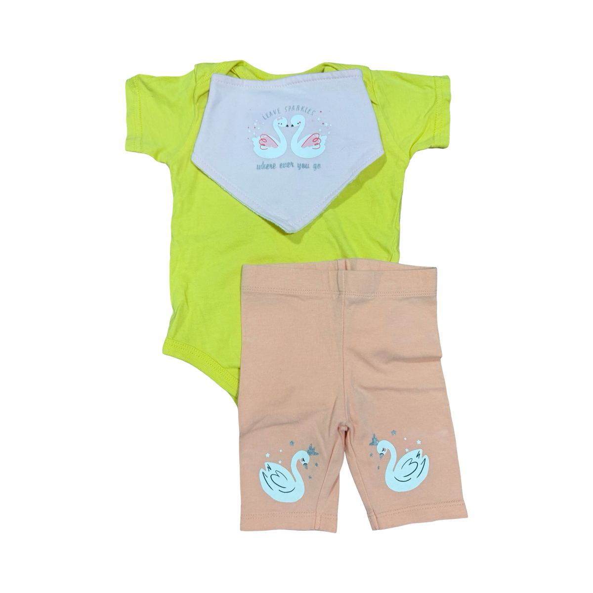 6-12M Girl's 3pc Yellow Bodysuit & Peach Swan Leggings with Bib - Tiny Tots