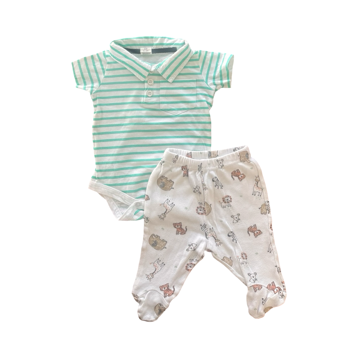 0-3M 2pc Green & White Stripe Bodysuit with Animal Pants - Tiny tots / Ackermans