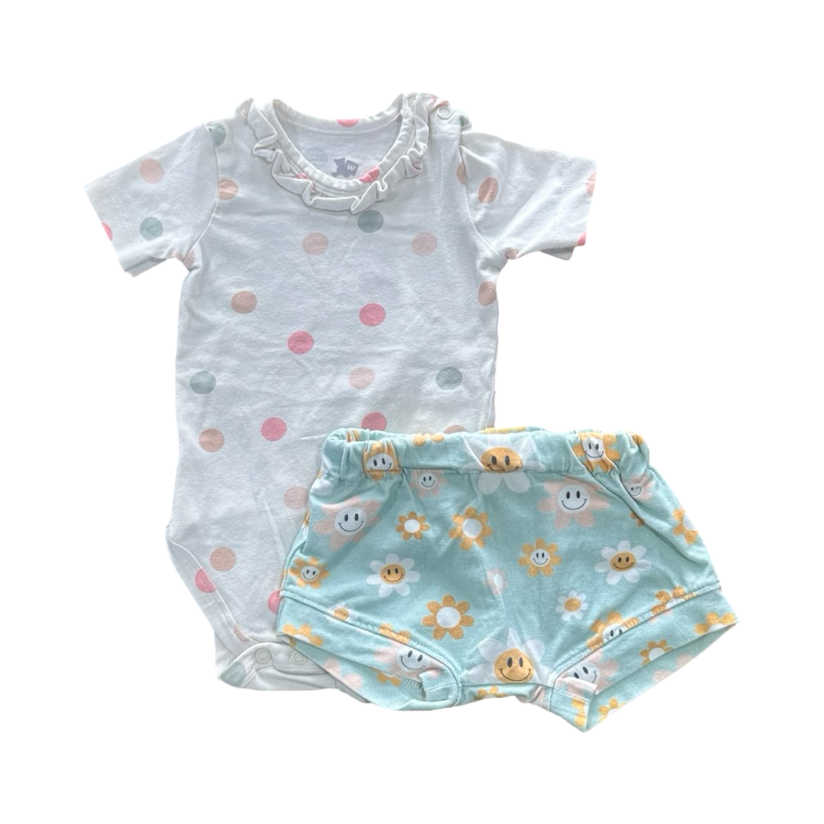3-6M 2pc Polkadot Bodysuit with Green Daisy Shorts - Woolworths |Baba Fishees