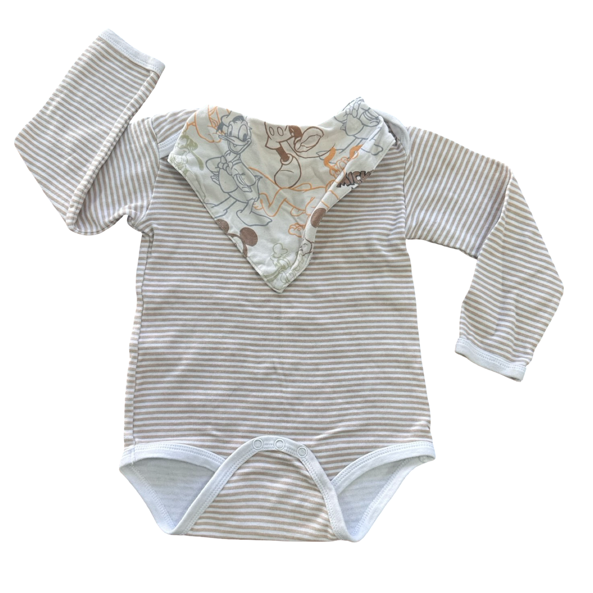 18-24M White & Beige Stripe Long Sleeve Bodysuit with Disney Bandana Bib - Ackermans / Disney