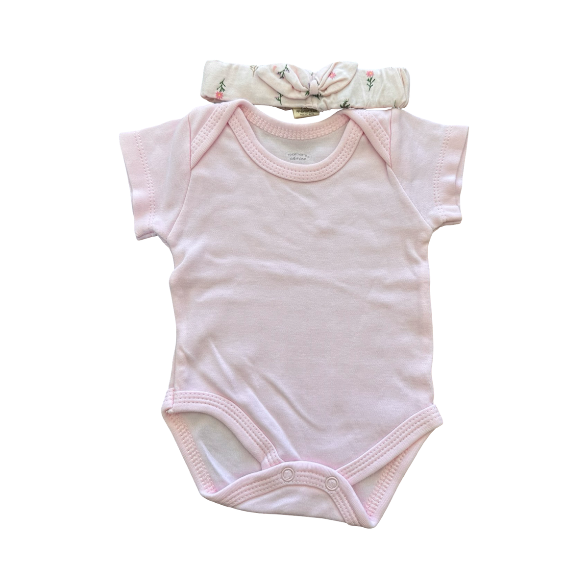 Newborn Plain Pink Bodysuit with Floral Pink Headband - Mother's Choice