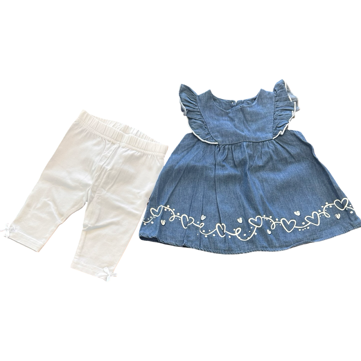 3-6M 2pc Chambray Dress with Frills and Print Detail with White Leggings - OneTwoThree