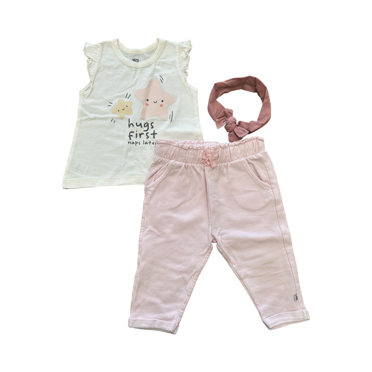 6-12M 2pc Jogger Pants with "Hugs First" Top & Headband - Woolworths