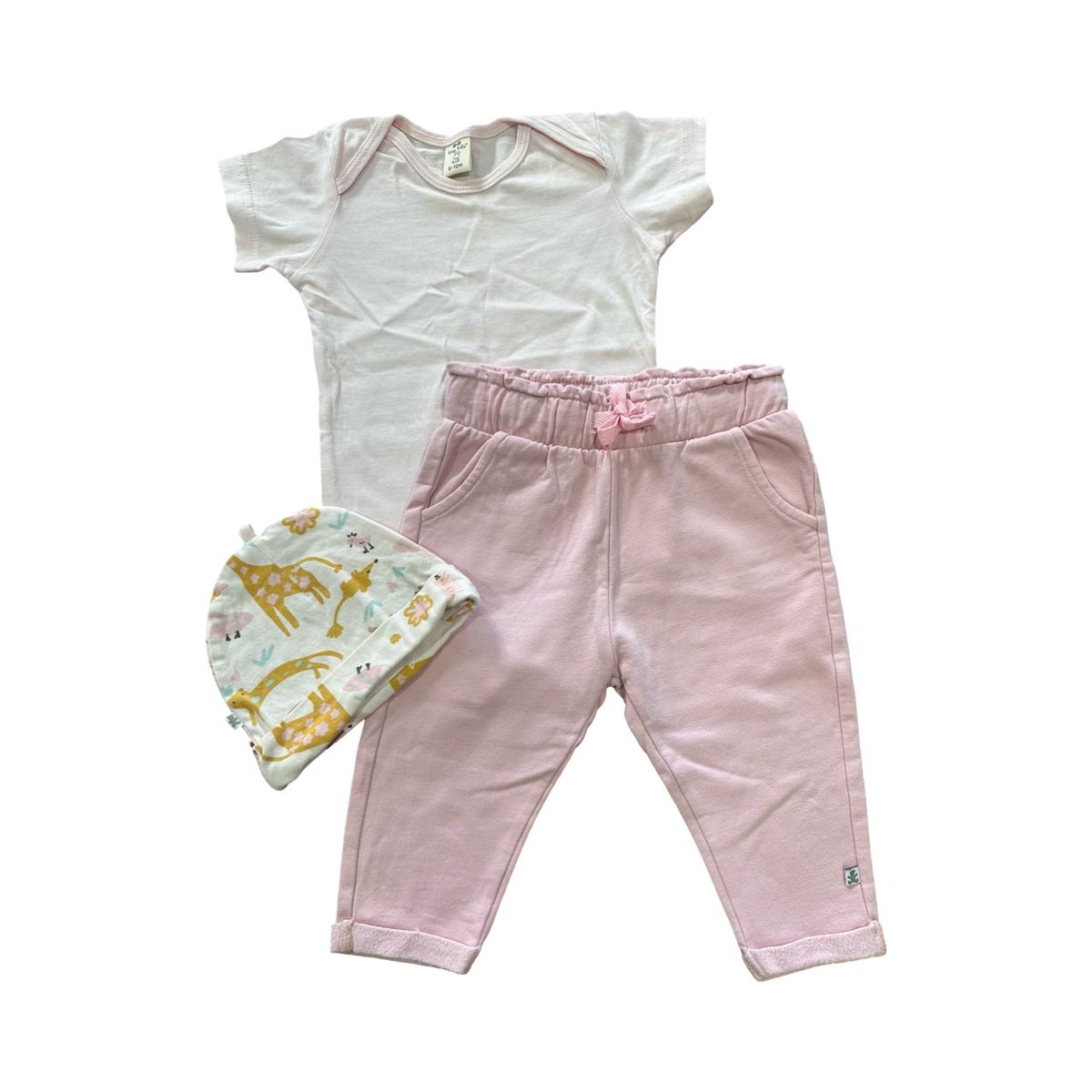 6-12M 2pc Pink Bodysuit & Jogger with Beanie - Woolworths / Tiny tots