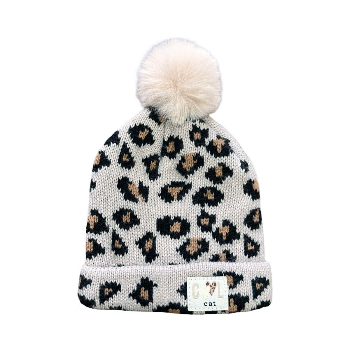 6-12M Beige Leopard Knitted Beanie with Pom Pom - Ackermans