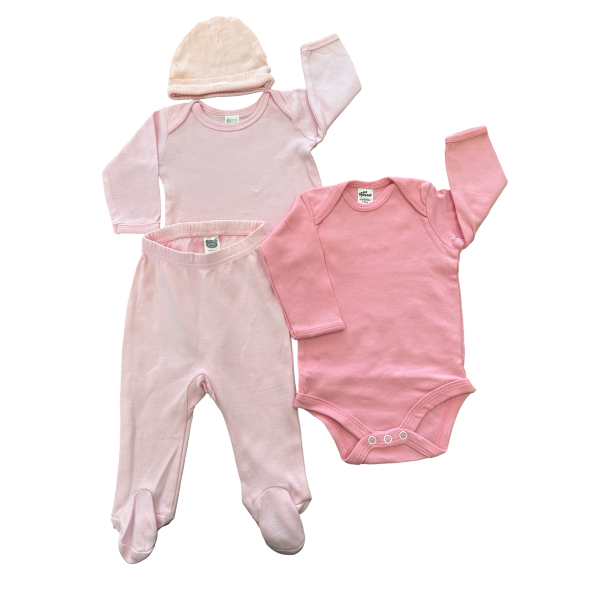 0-3M 4pc Girl's Pink Set: Long Sleeve Bodysuit + 2pc Long Sleeve Top & Pants + Beanie - Ackermans/Jet