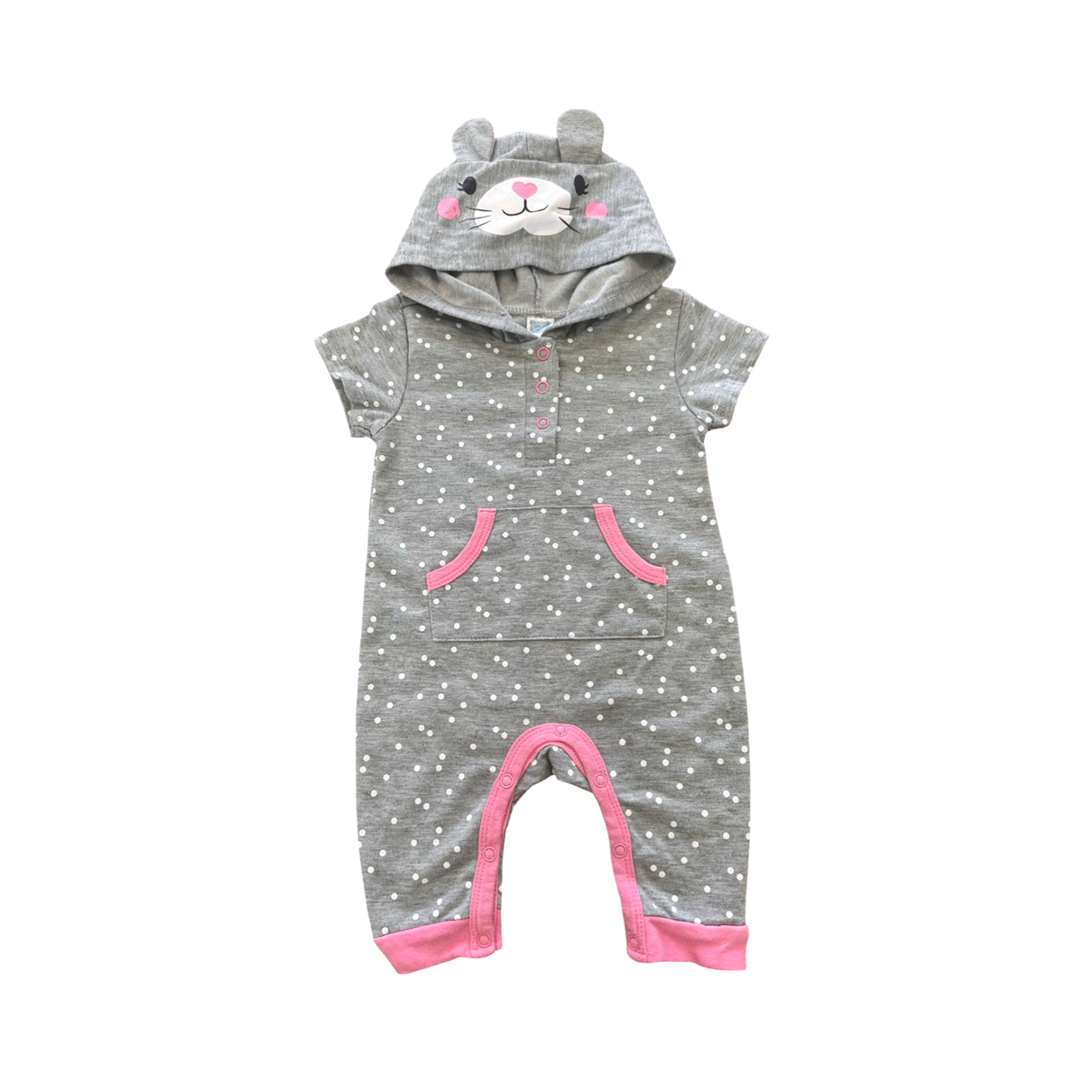 0-3M Grey & Pink Bunny Polkadot Hooded Bodysuit - Ackermans