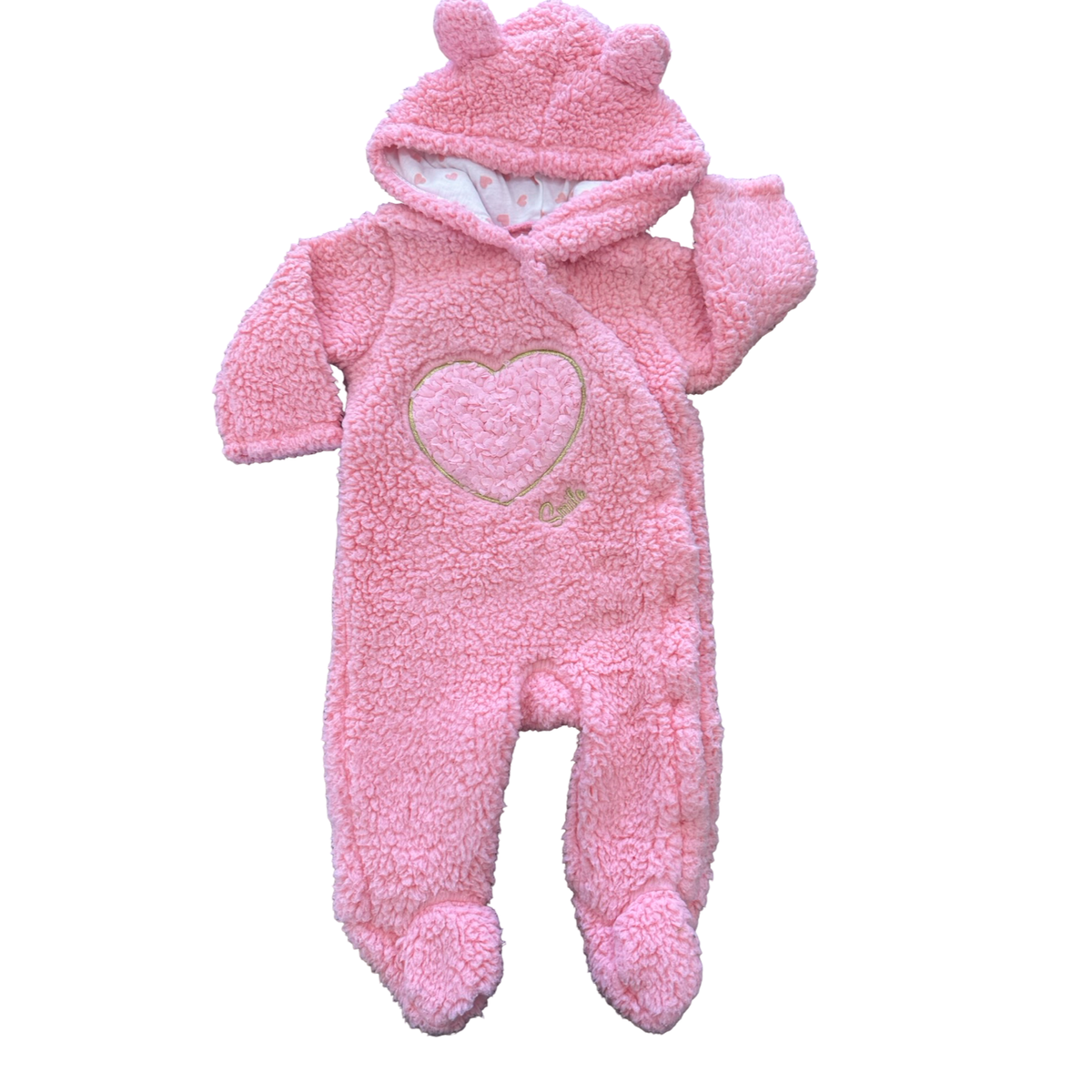 0-3M Pink Bear Fleece Heart Detail Onesie - Ackermans