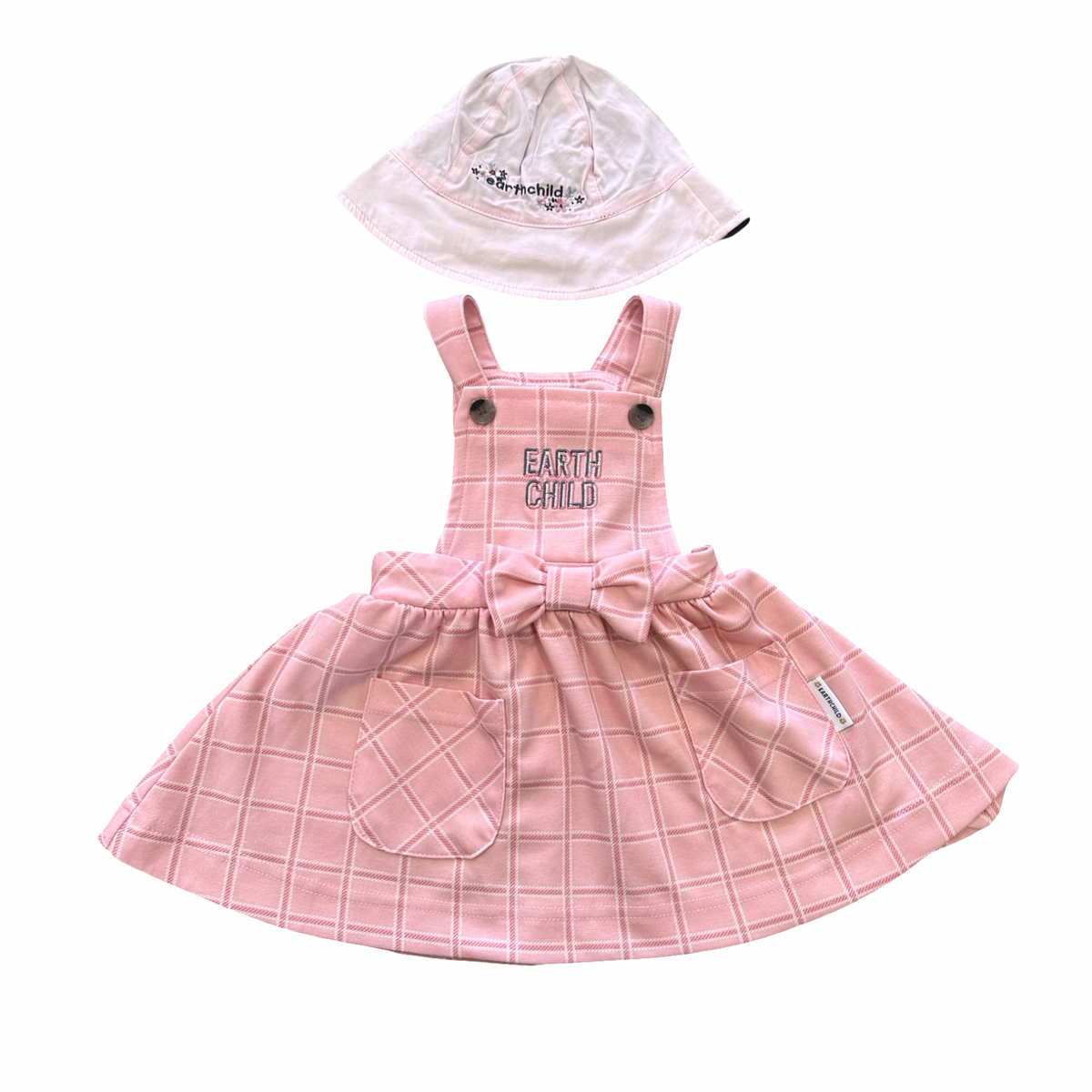 6-12M Pink Check Design Dungaree Dress with Double Sided Sun Hat - Earthchild