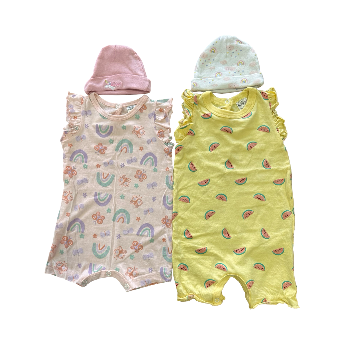 3-6M 4pc Pink & Yellow Romper + 2 Beanies Set - Jet | Tiny tots