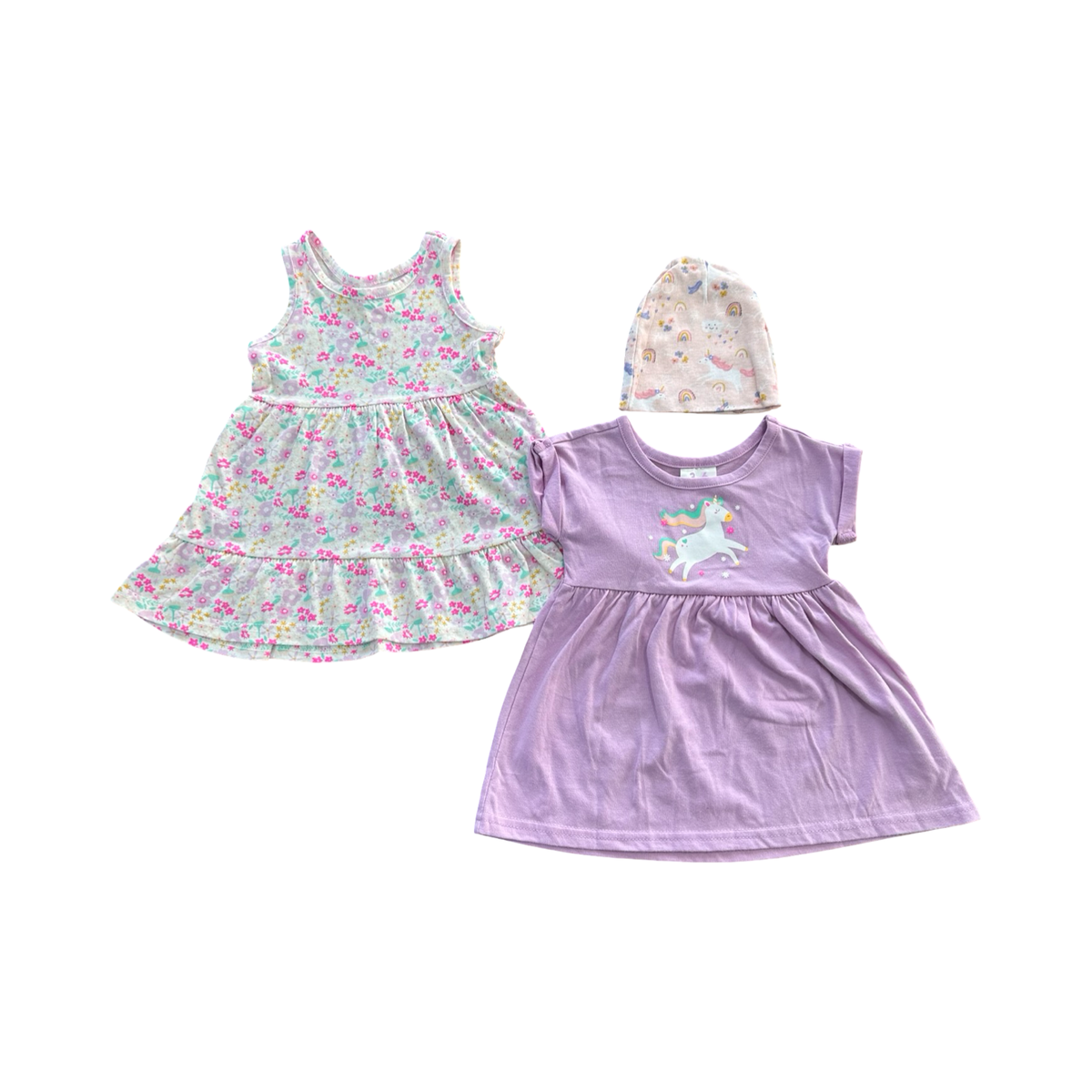 3-6M 3pc Floral & Unicorn Summer Dresses + Beanie - Little Hero