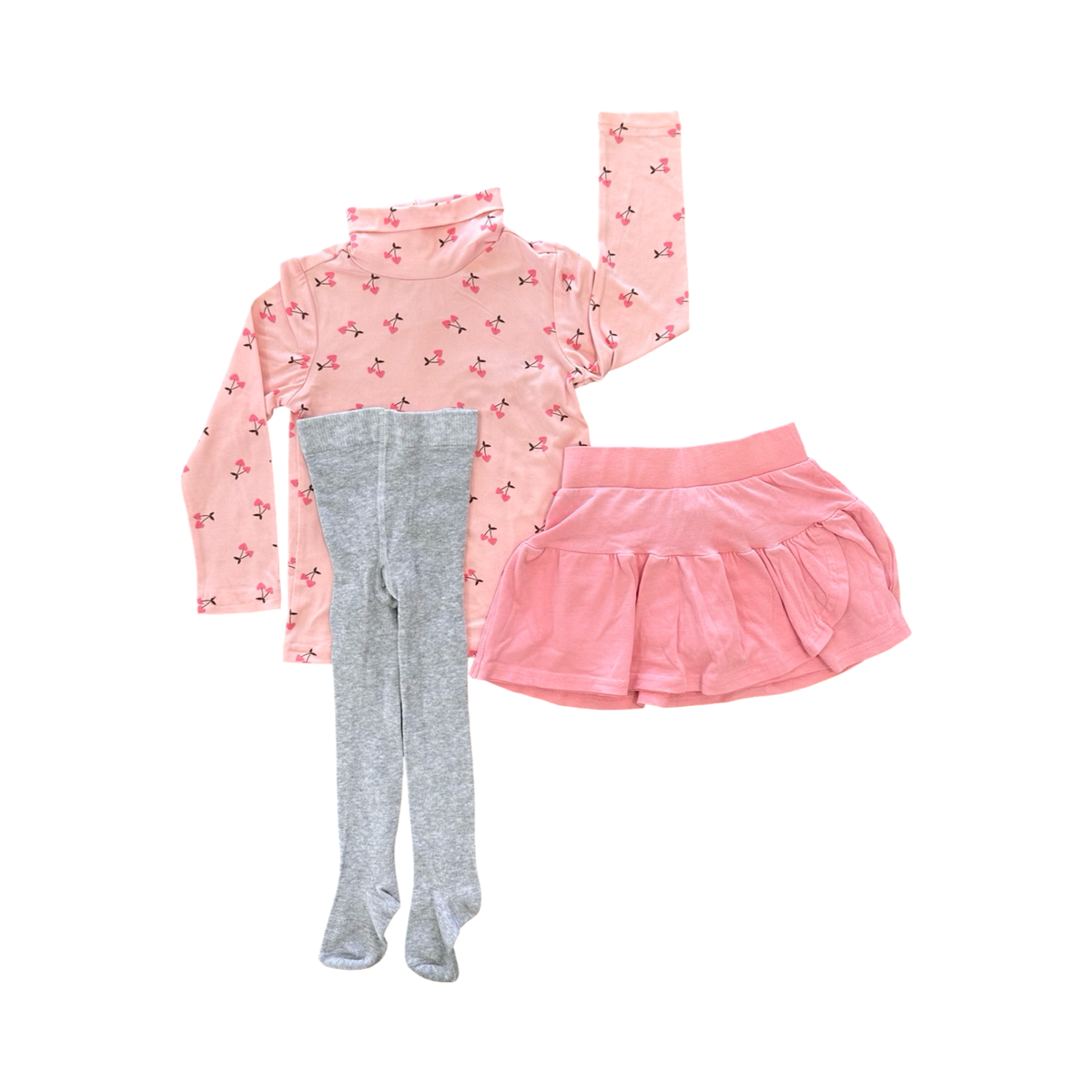 2-3Y Pink 3pc Girls Pink & Grey Set: Polo Neck Top, Pink Skirt & Grey Knitted Stockings - Qtee Real