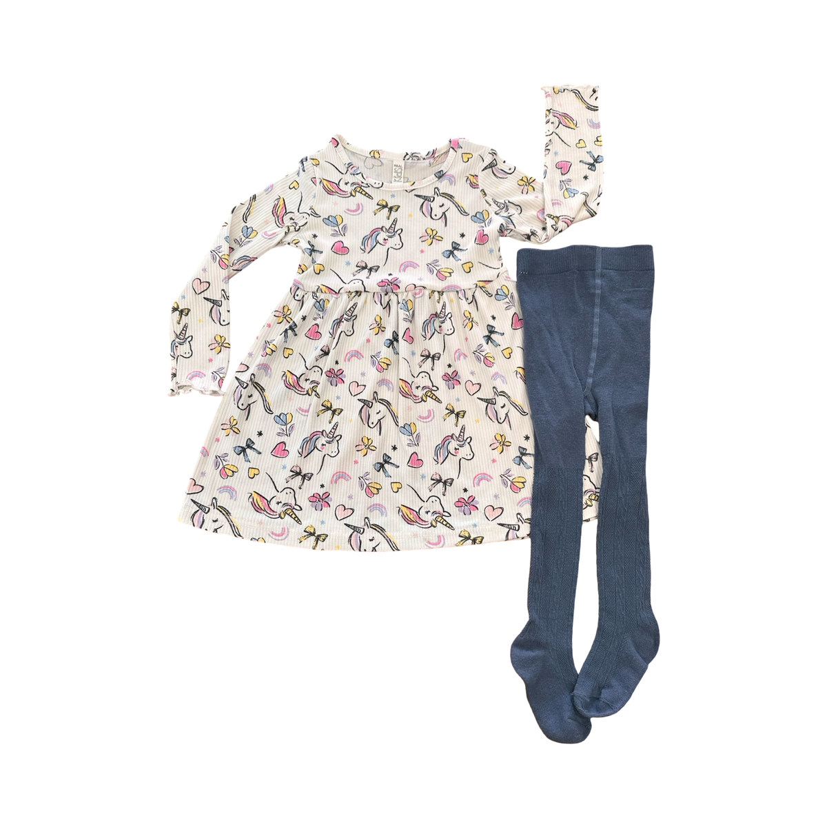 2-3Y White Ribbed Unicorn Dress with Turquoise Knitted Stockings - Real Kids