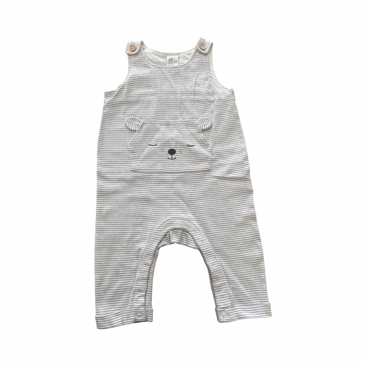6-9M Grey & White Stripe Bear Dungaree - H & M