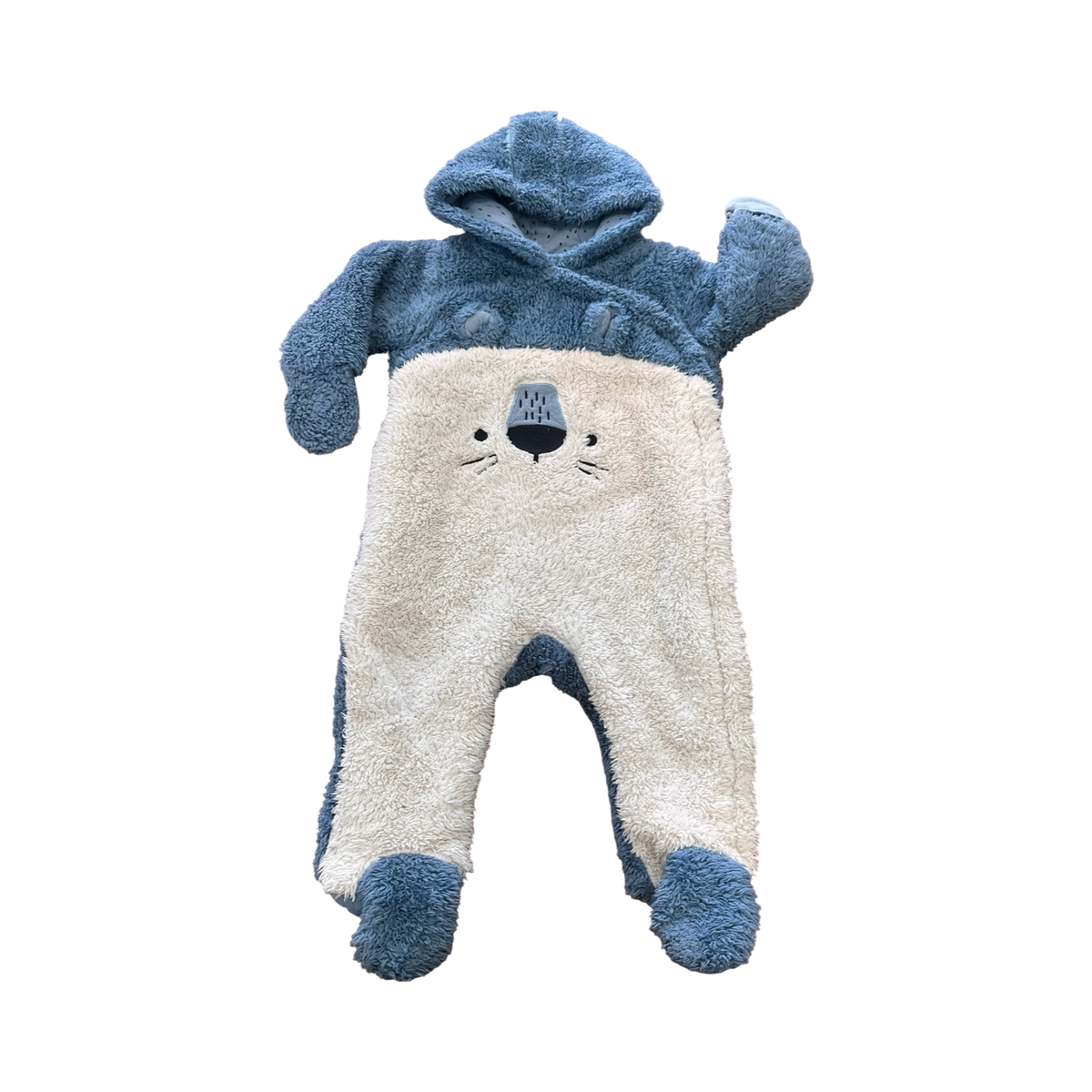 6-12M Super Warm Blue & White Bear Fleece Hooded Onesie - Woolworths