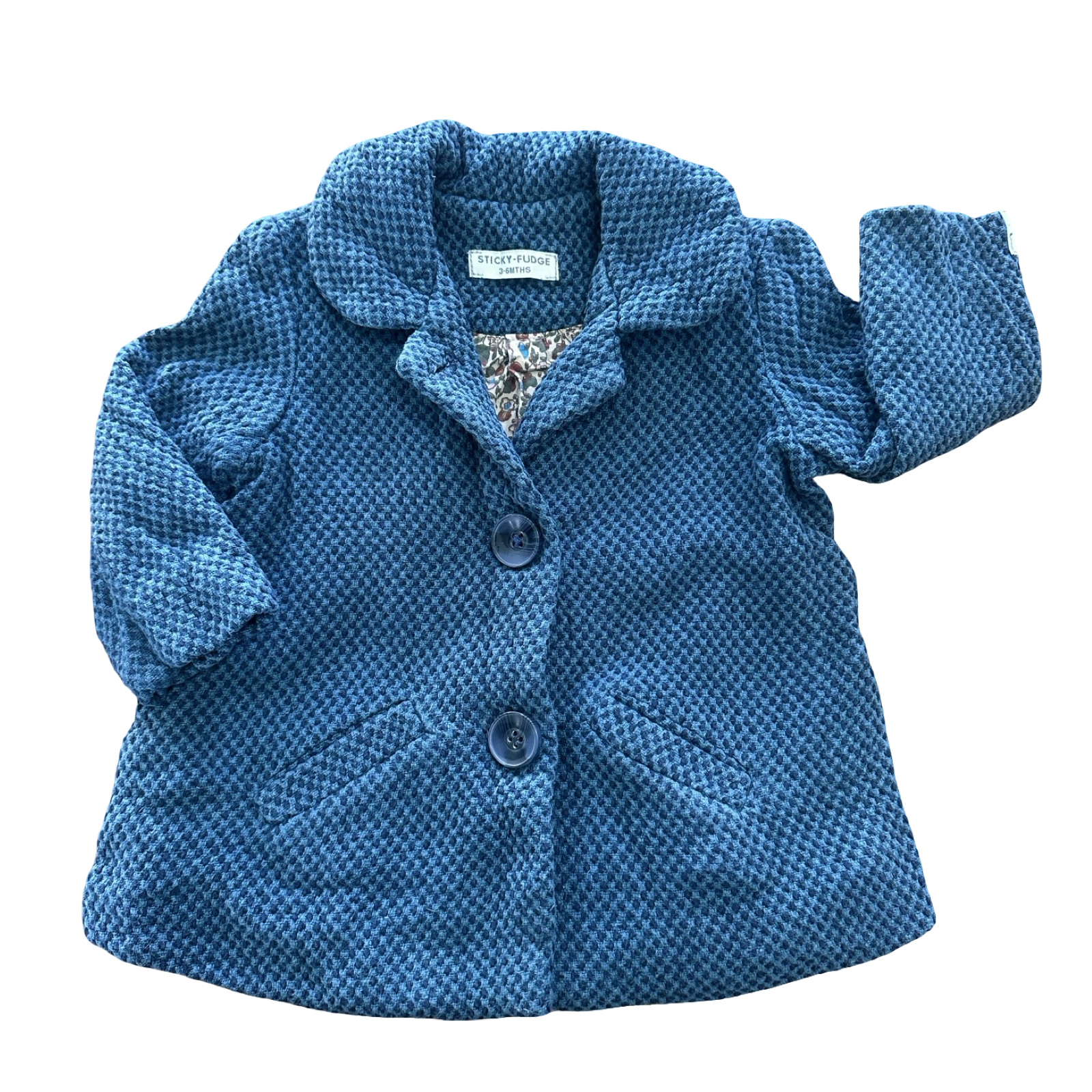3-6M Blue Textured Jacket with Floral Lining - Sticky Fudge