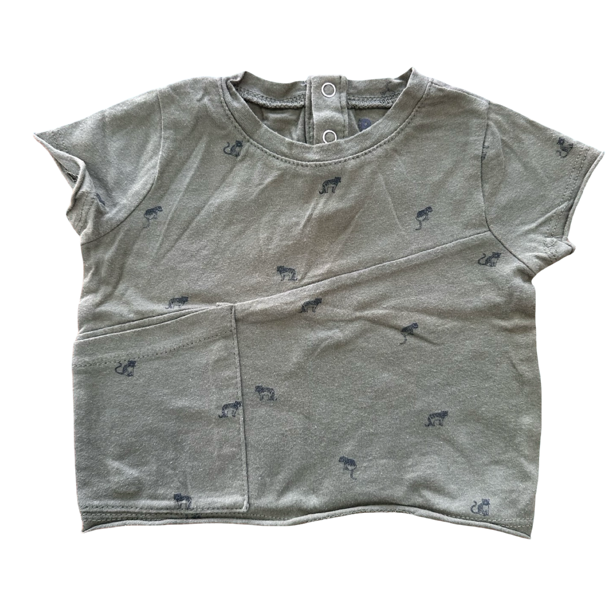 0-3M Olive Green T-Shirt with Small Cat Detail - Cotton On