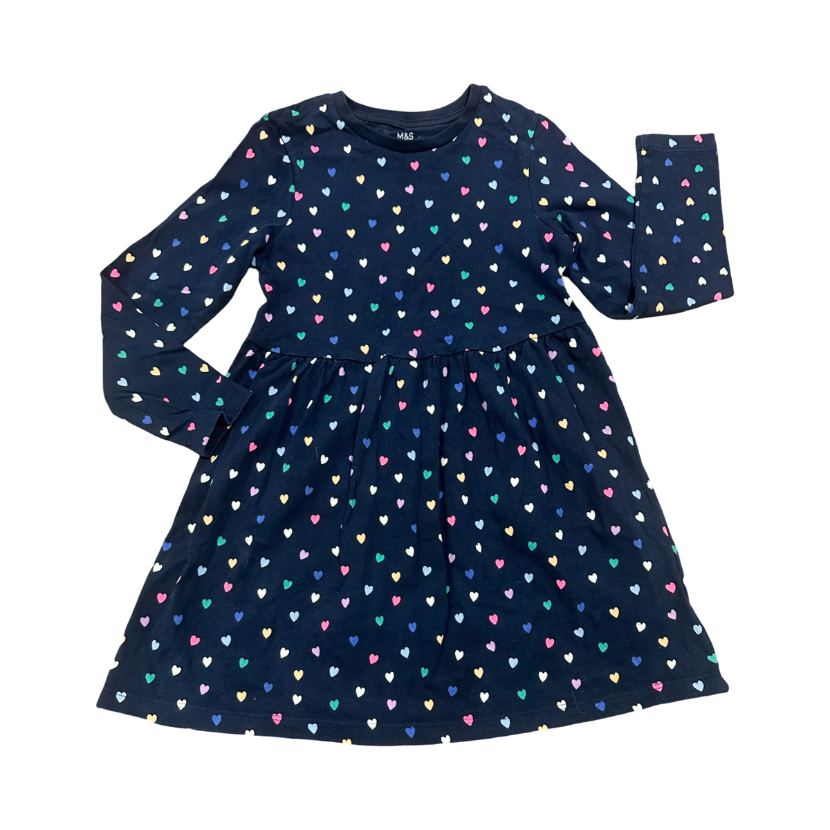 4-5Y Navy Heart Cotton Long Sleeve Dress - Marks & Spencer