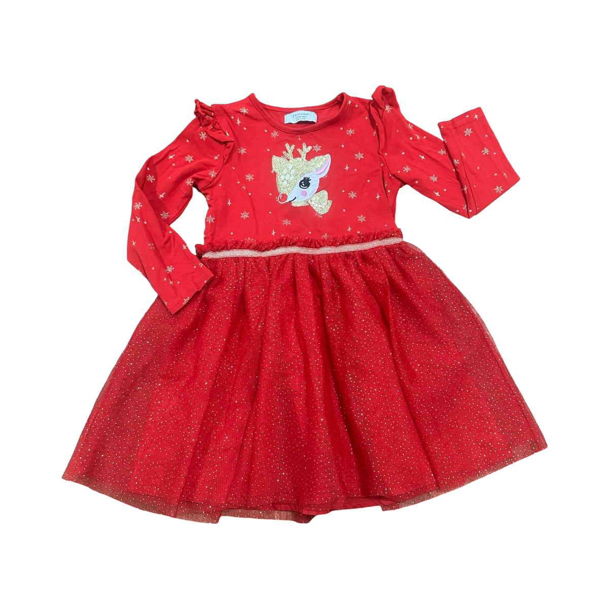 4-5Y Red & Gold Reindeer Super Cute Formal Christmas Dress - Primark