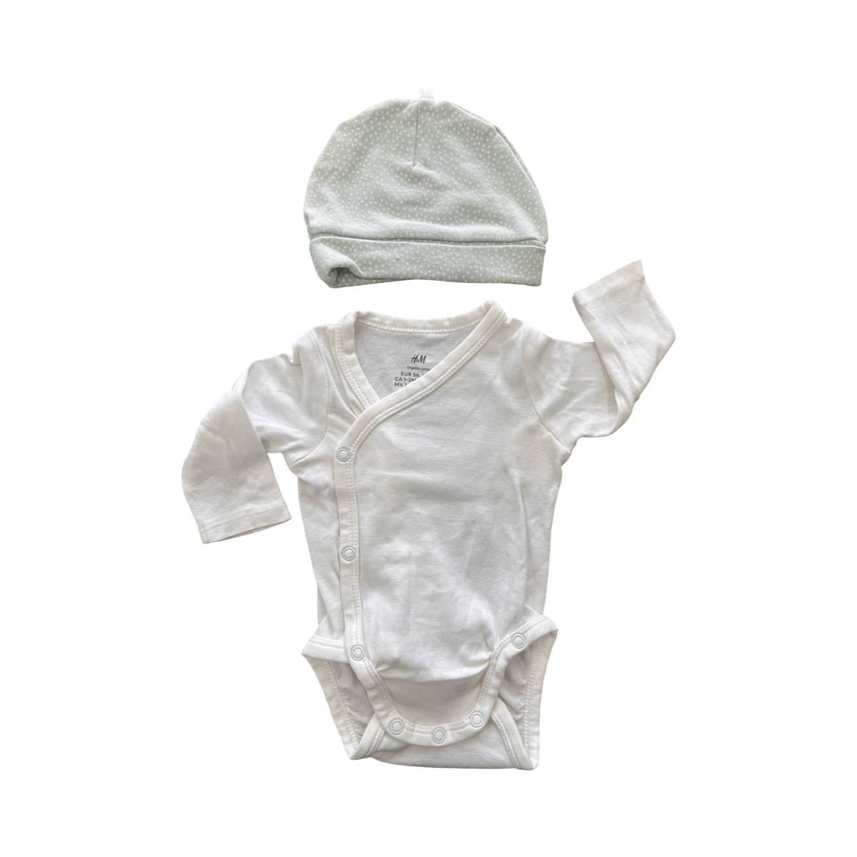 1-2M White Side Snapper Bodysuit with Green Dotted Beanie - H & M