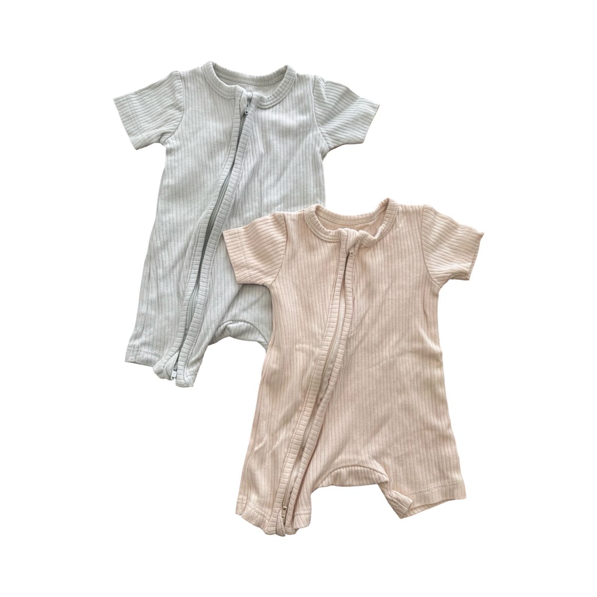 Newborn 2pc Cream & Light Blue Short Zipper Rompers - Woolworths