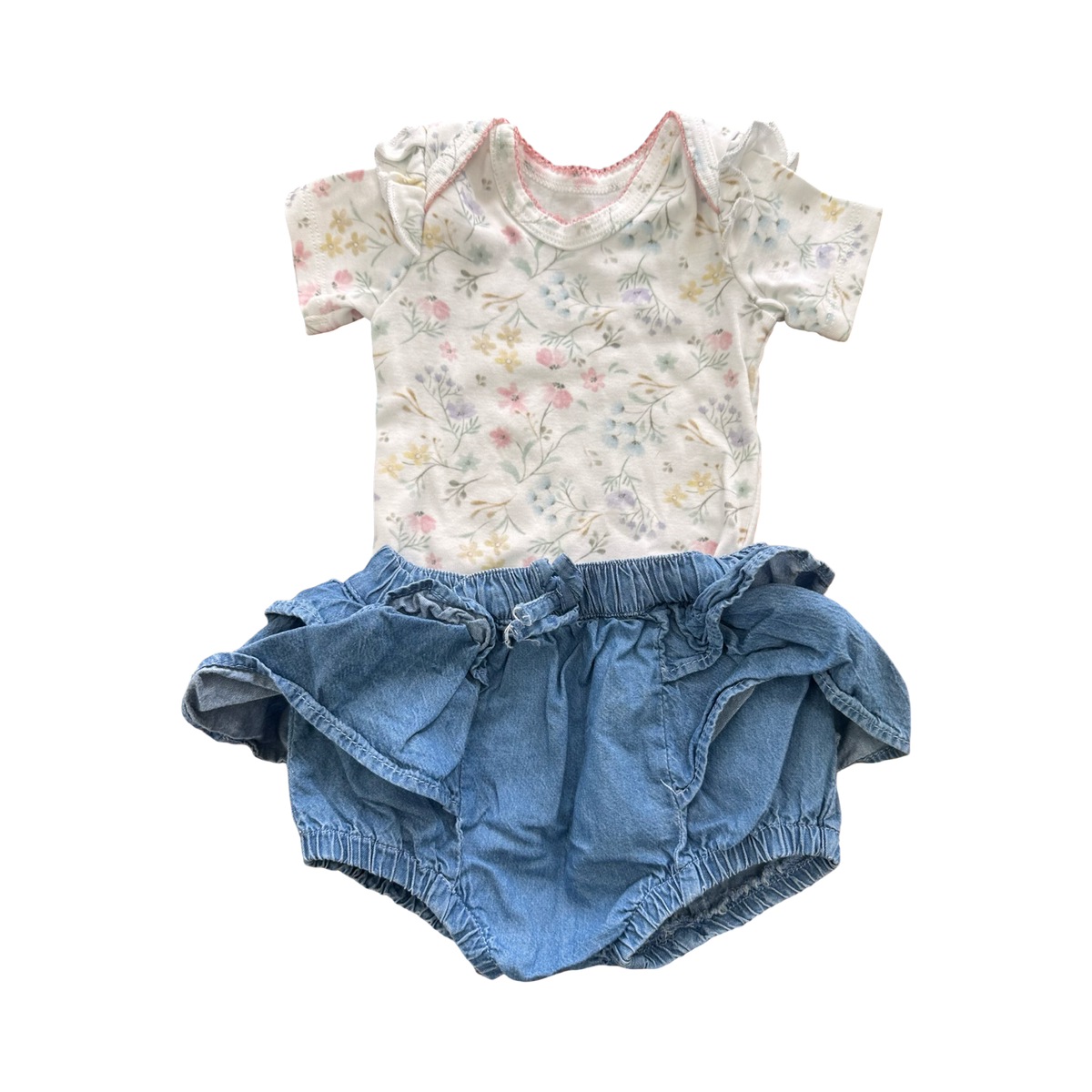 1-3M Chambray Frill Bloomer with White Floral Bodysuit - Woolworths